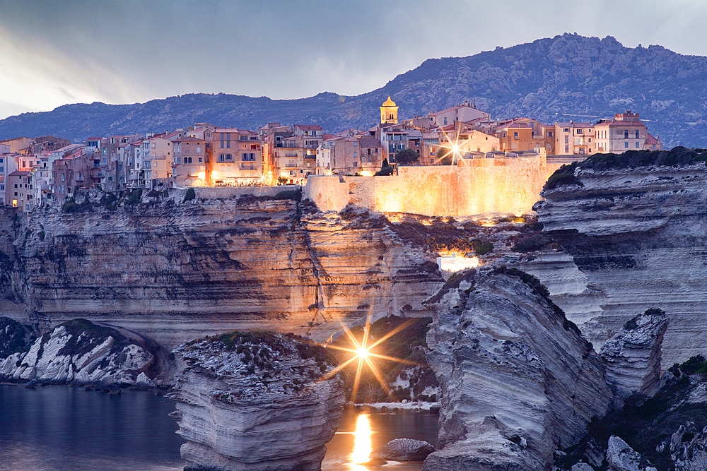 Sunset over the town of Bonifacio, Island of Corsica, France