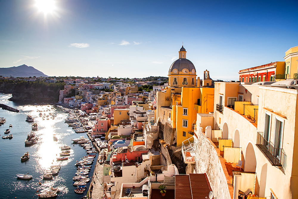 beautiful Procida island with colorful houses in sunny summer day, Italy