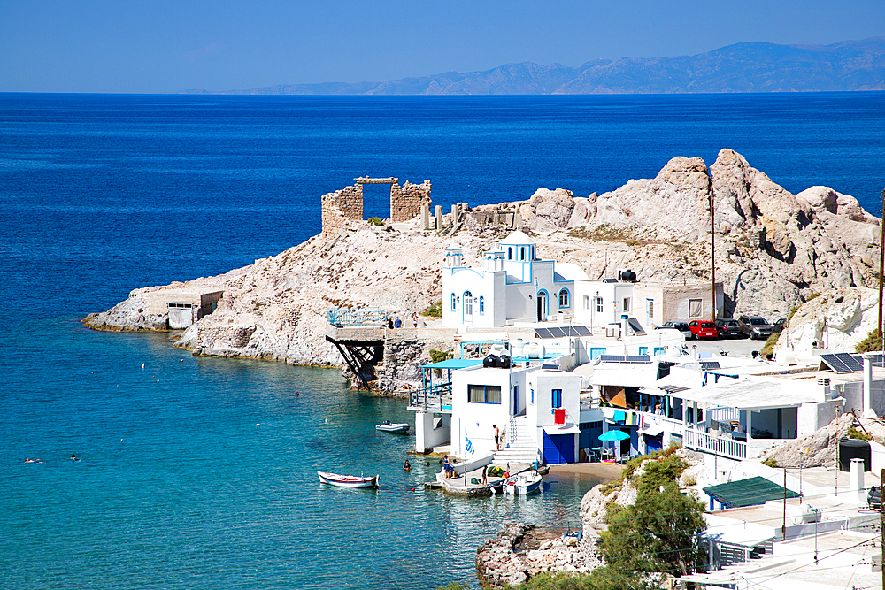 Firopotamos, traditional  Cycladic style Greek village by the sea, with sirmata (fishermen's houses), Milos island, Cyclades, Greek Islands, Greece