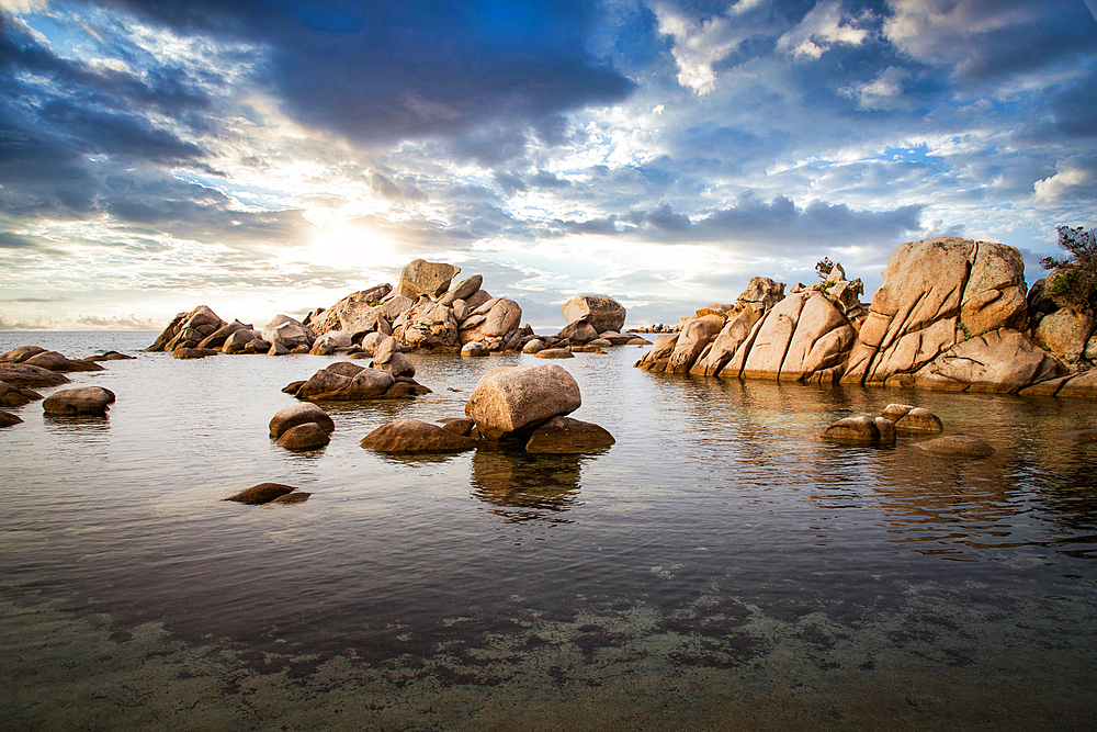 Famous Palombaggia beach with rocks at sunset, Island of Corsica, France