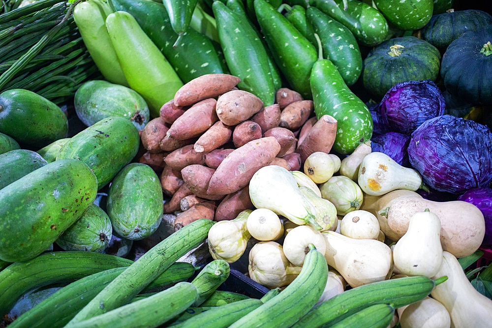 fresh fruit and vegetables on tropical market