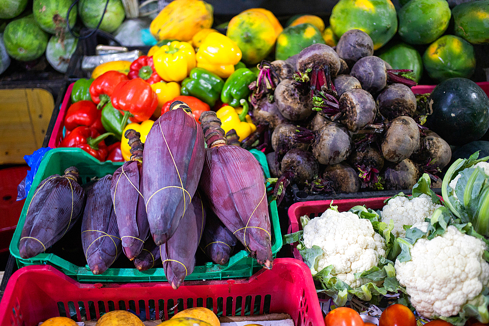 fresh fruit and vegetables on tropical market