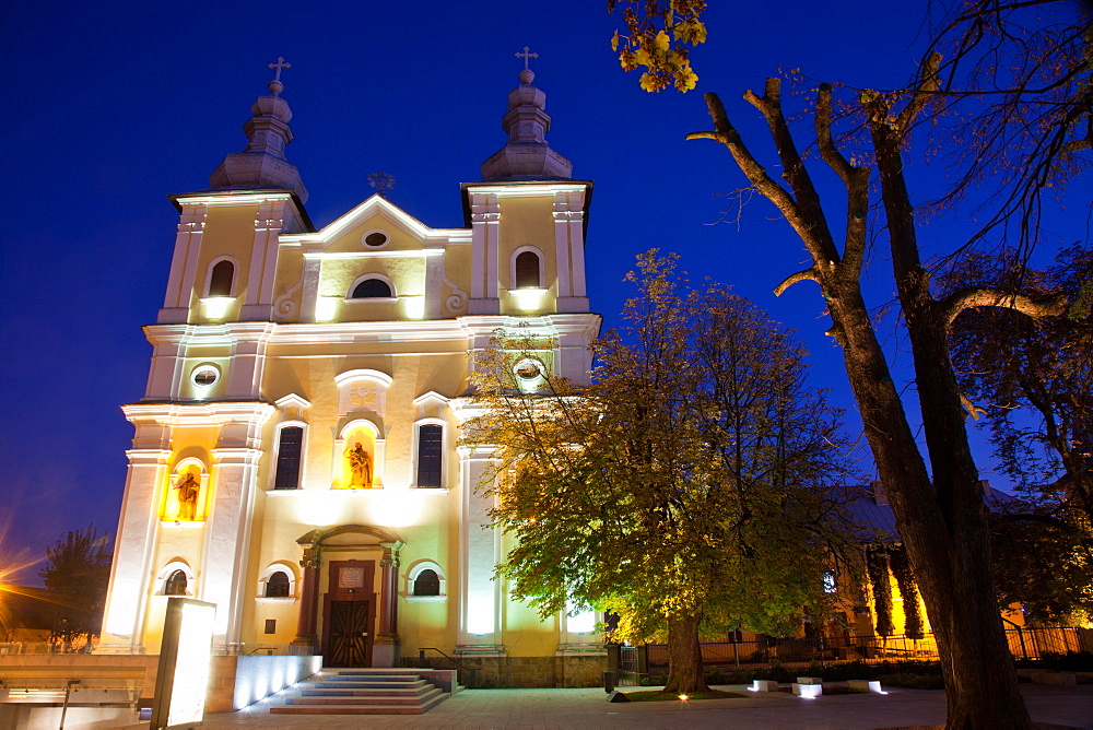 Church at night in Baia Mare, Maramures, Romania, Europe