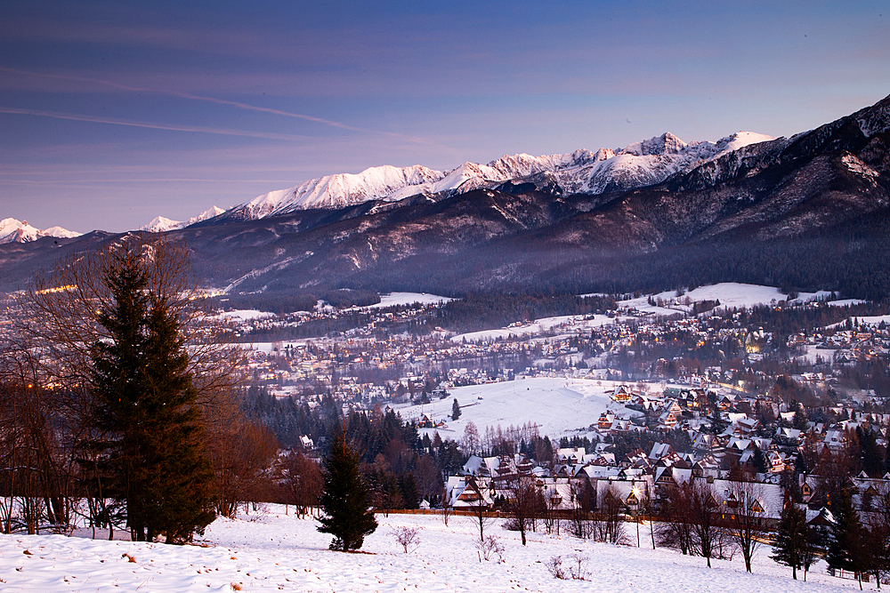 zakopane and the high Tatras in winter night Poland