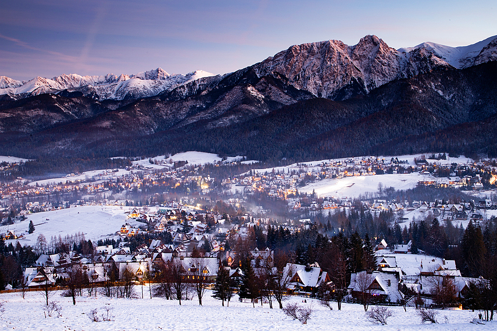 zakopane and the high Tatras in winter night Poland