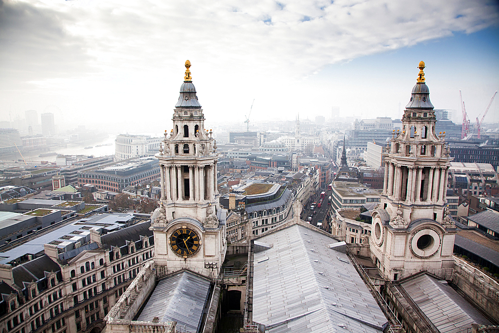 rooftop view over London on a foggy day from St Paul's cathedral, UK