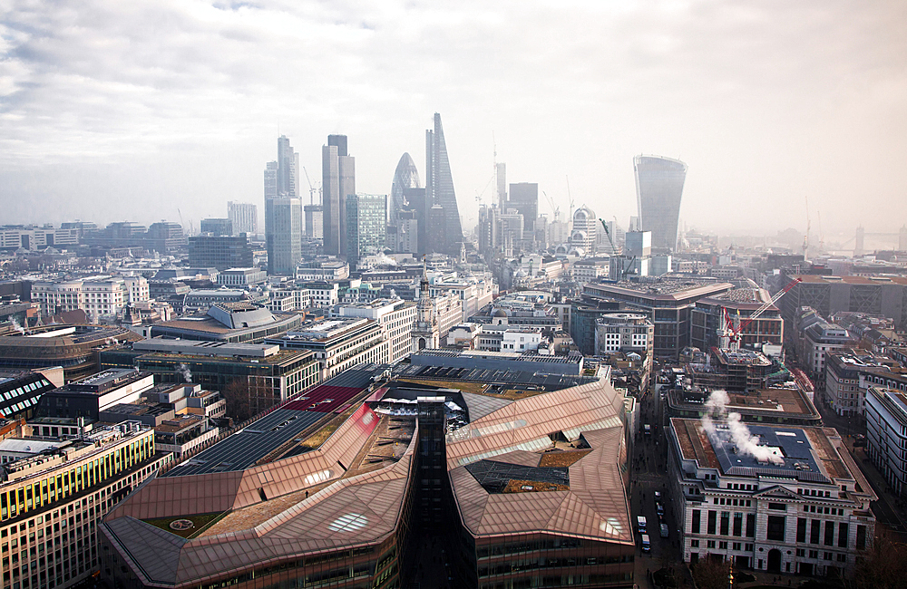 rooftop view over London on a foggy day from St Paul's cathedral, UK