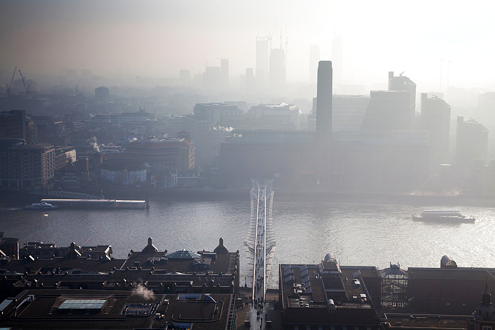 rooftop view over London on a foggy day from St Paul's cathedral, UK