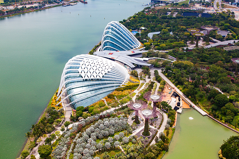 SINGAPORE, SINGAPORE - MARCH 2019: Aerial view over Gardens by the bay and supertree grove