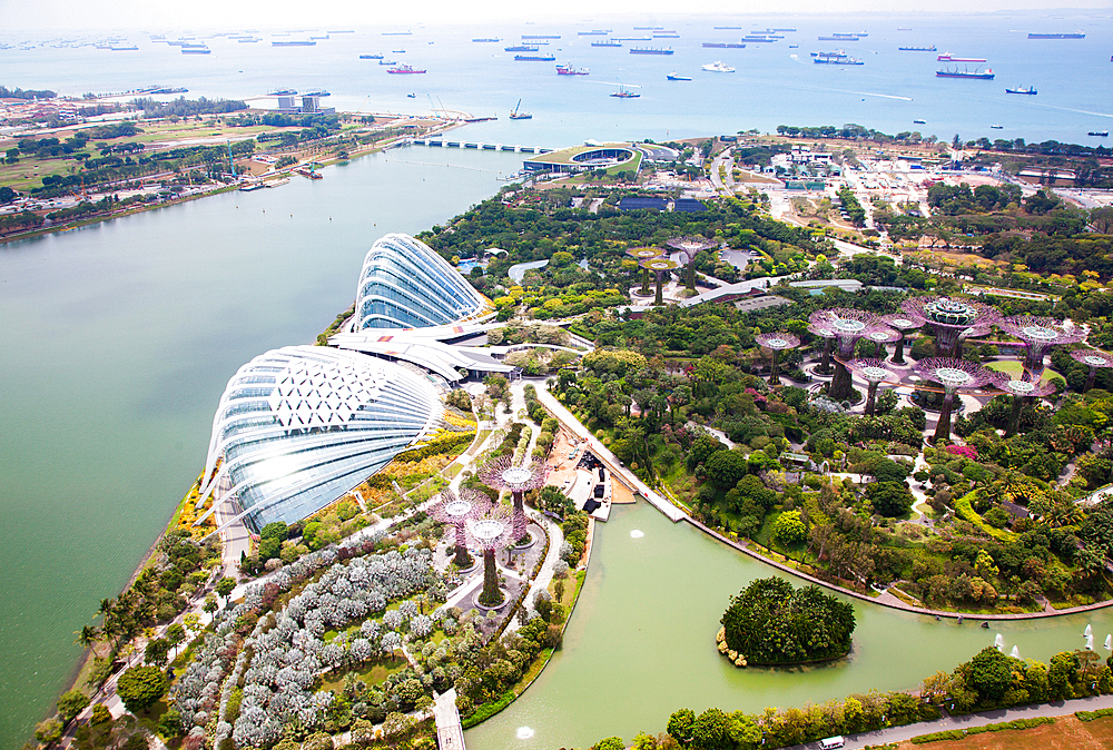 SINGAPORE, SINGAPORE - MARCH 2019: Aerial view over Gardens by the bay and supertree grove