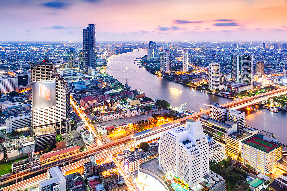 aerial night view of Bangkok City skyscrapers Thailand