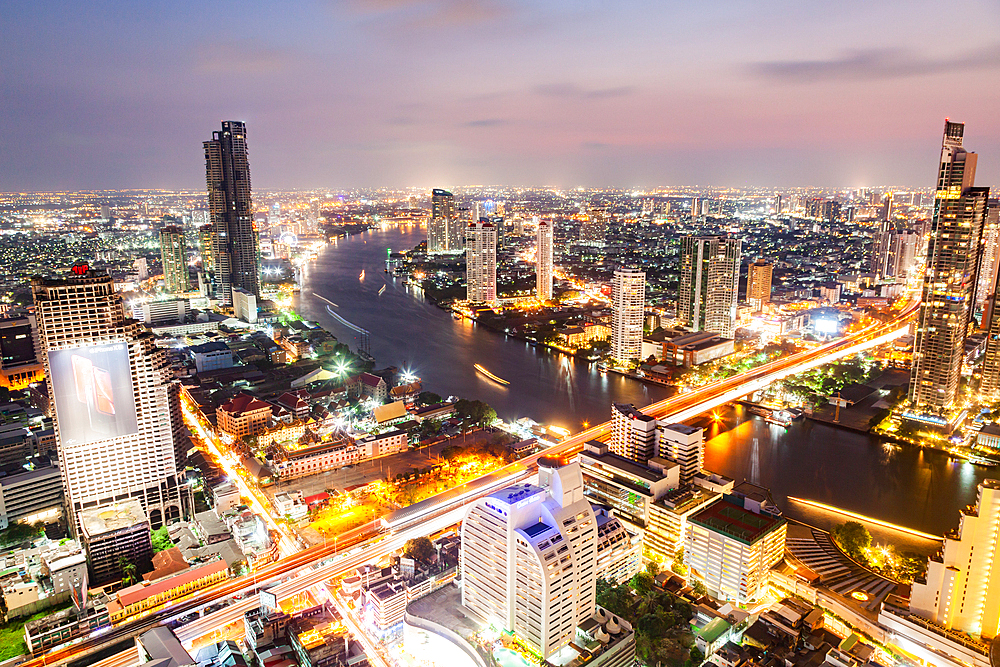 aerial night view of Bangkok City skyscrapers Thailand