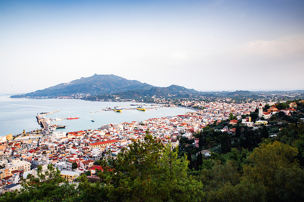 view of Zakynthos city on Zante island in Greece. Church of Panagia Pikridiotissa with beautiful view at Zakynthos town at sunrise