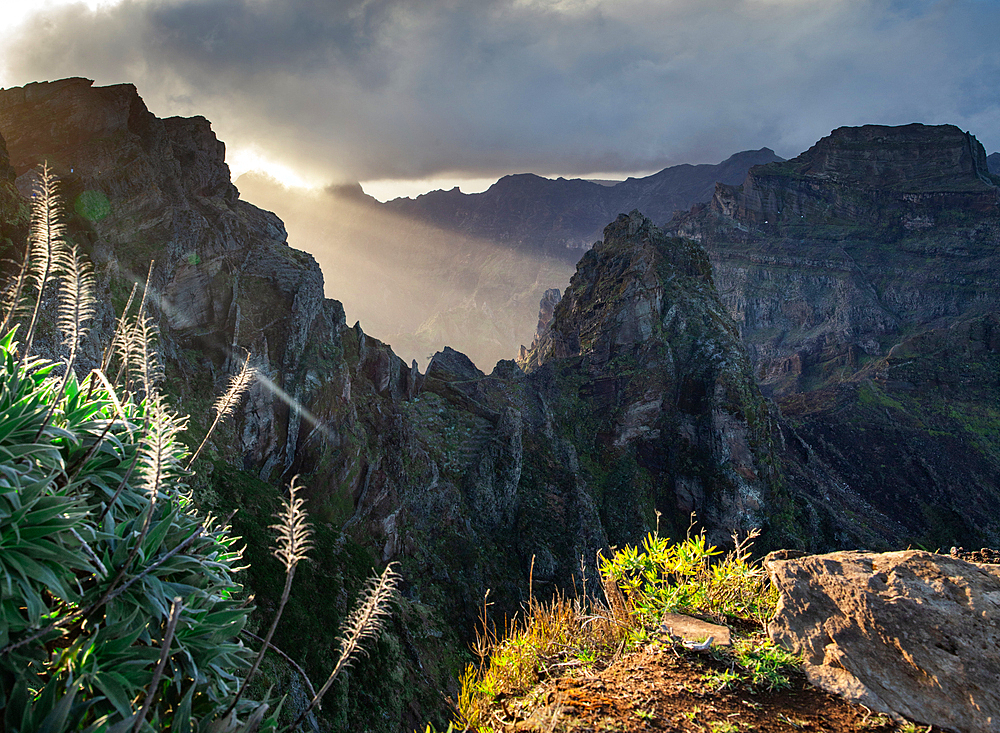 Landscape on the trek between Arieiro peak and Ruivo peak of Madeira island, Portugal
