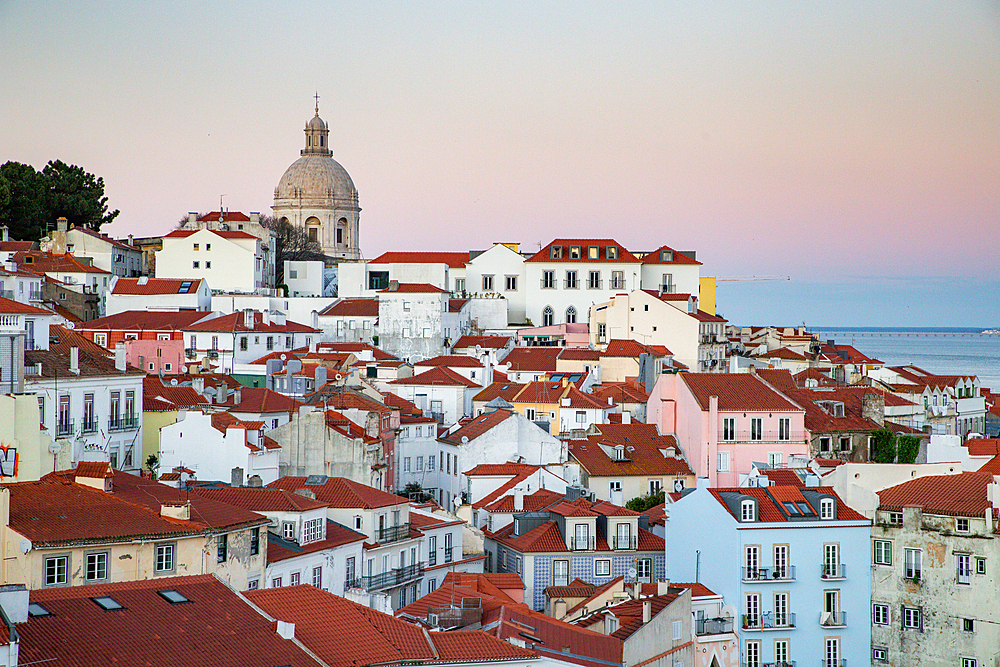 panoramic view of skyline of Lisbon city, Portugal, many colorful houses in the Alfama district
