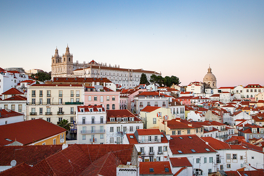 panoramic view of skyline of Lisbon city, Portugal, many colorful houses in the Alfama district