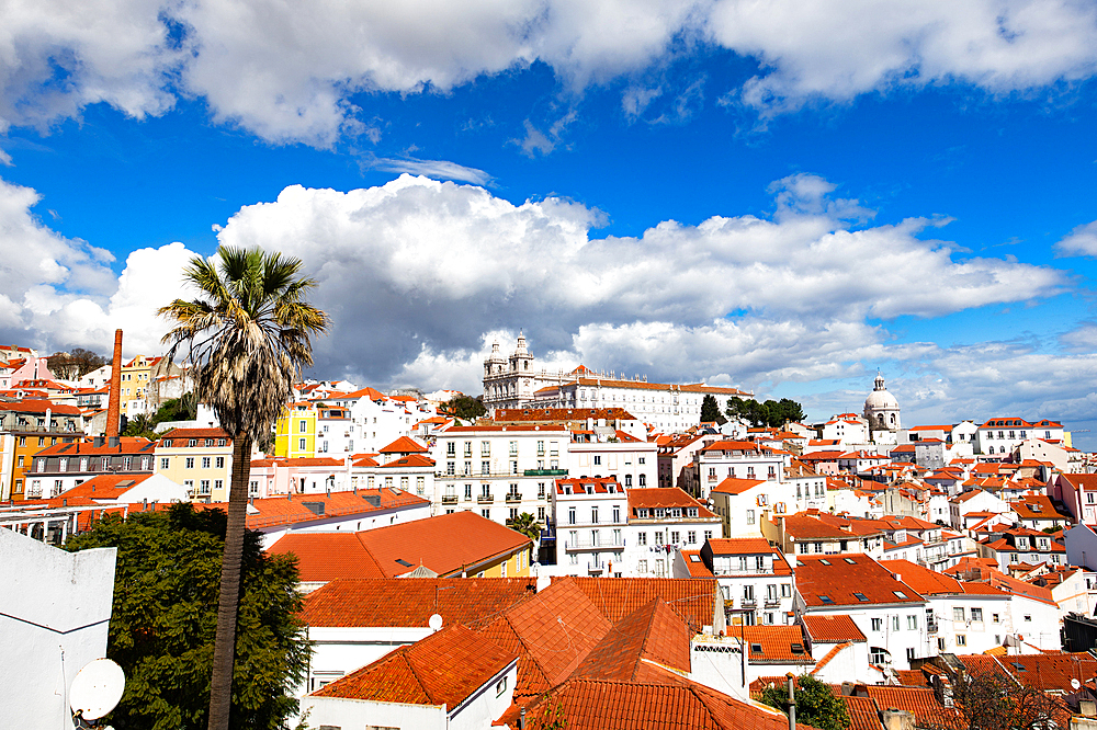 panoramic view of skyline of Lisbon city, Portugal, many colorful houses in the Alfama district