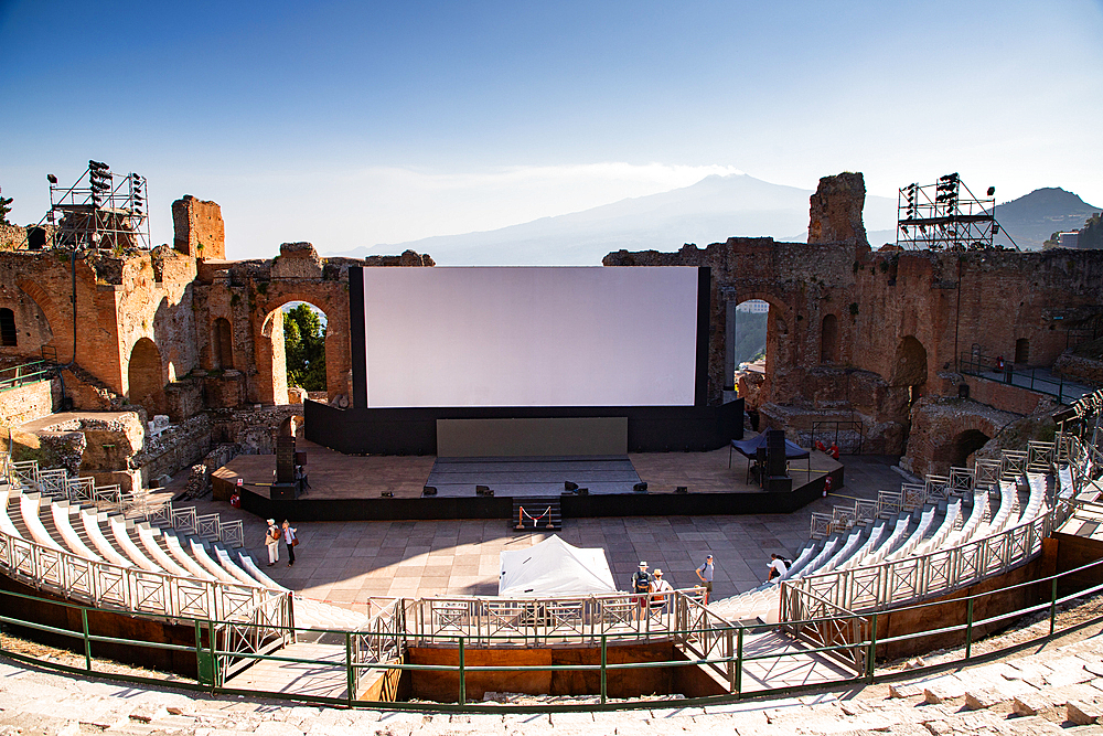 empty white banner in famous ancient theatre in Taormina, Sicily, Italy