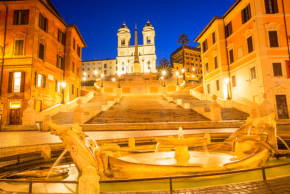 Fontana della Barcaccia in front of the Spanish Steps at Piazza di Spagna at dawn, Rome, Lazio, Italy, Europe