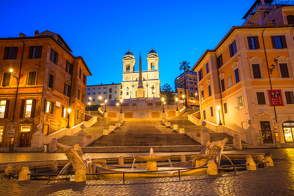 Fountain Fontana della Barcaccia at Piazza di Spagna at Spanish Steps with church of Santissima Trinita dei Monti, Rome, Lazio, Italy, Europe