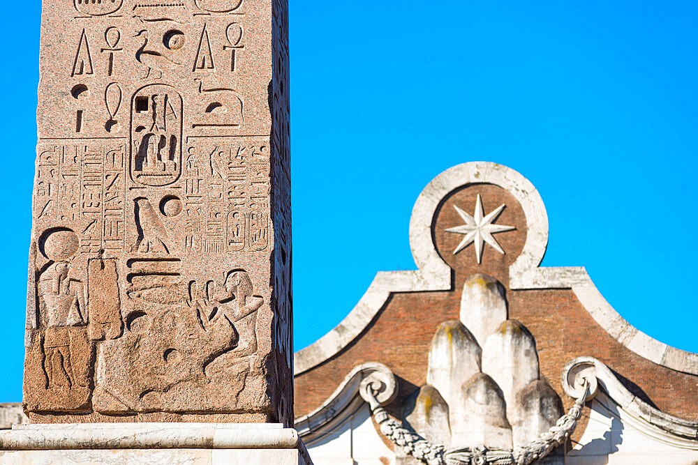 Egyptian obelisk or stone needle monument at the Piazza del Popolo (People Square), Rome, Lazio, Italy, Europe