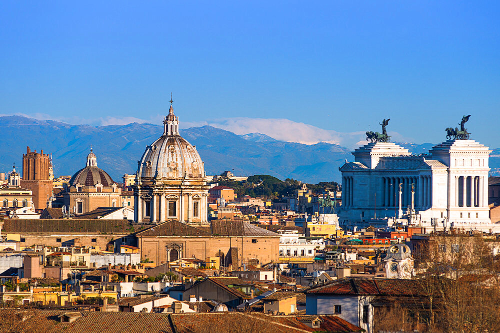 Rome city skyline with dome of Sant'Andrea della Valle and Vittorio Emanuele ll monument, from Janiculum Terrace, Rome, Lazio, Italy, Europe