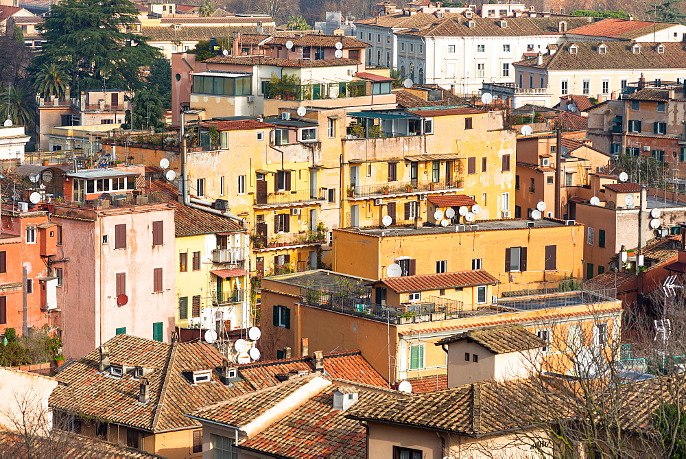 Old colourful residential housing seen from Janiculum Hill, Rome, Lazio, Italy, Europe