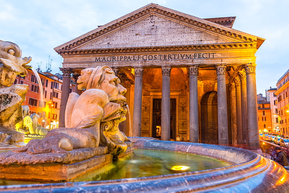 Fontana del Pantheon at dusk, with the Pantheon, UNESCO World Heritage Site, on the Piazza della Rotonda, Rome, Lazio, Italy, Europe