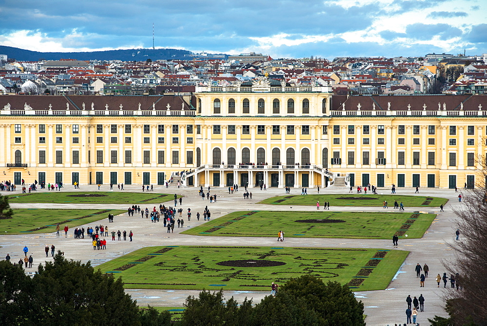 Elevated view of Schonbrunn Palace, UNESCO World Heritage Site, and Vienna city skyline viewed from Schonbrunn Palace garden, Vienna, Austria, Europe