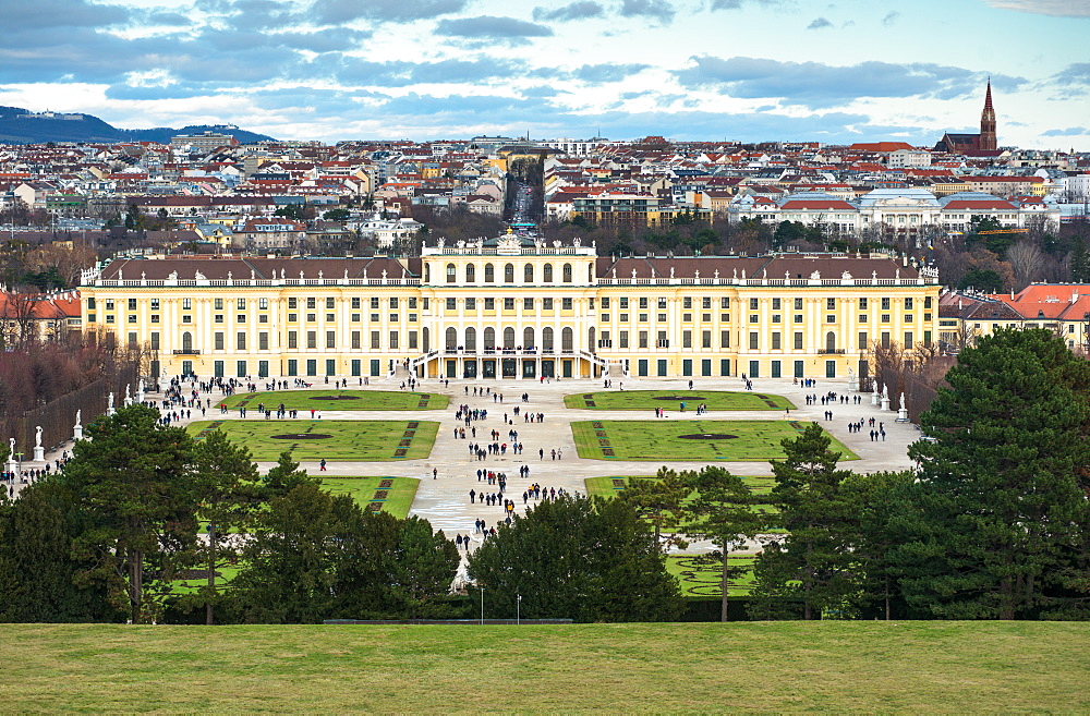 Elevated view of Schonbrunn Palace, UNESCO World Heritage Site, and Vienna city skyline viewed from Schonbrunn Palace garden, Vienna, Austria, Europe