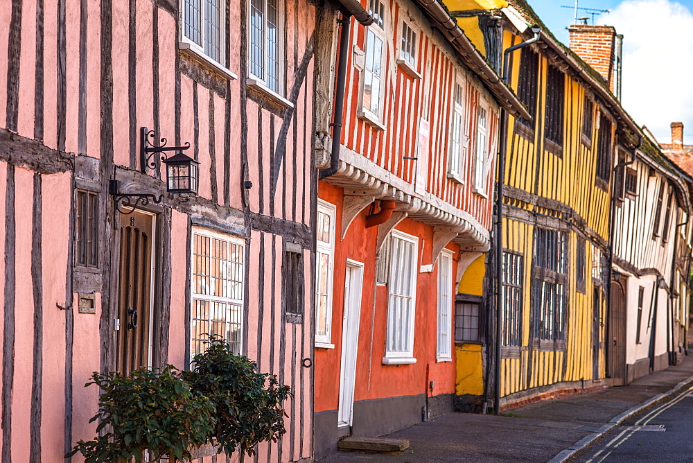 Colourful half timbered houses on Water Street part of the Historic Wool Village of Lavenham, Suffolk, England, United Kingdom, Europe