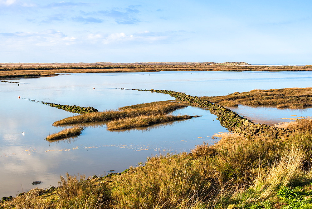 Views as tide comes in, off the Norfolk Coast Path National Trail near Burnham Overy Staithe, Norfolk, East Anglia, England, United Kingdom, Europe