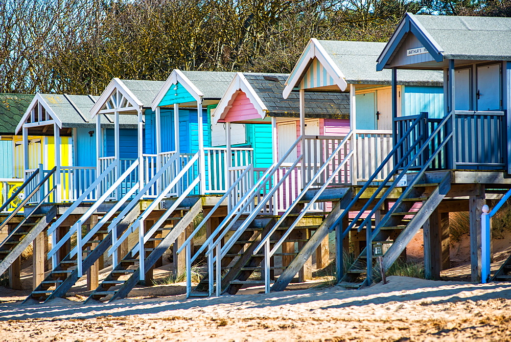 Colourful beach huts on Wells beach at Wells next the Sea on North Norfolk coast, Norfolk, East Anglia, England, United Kingdom, Europe