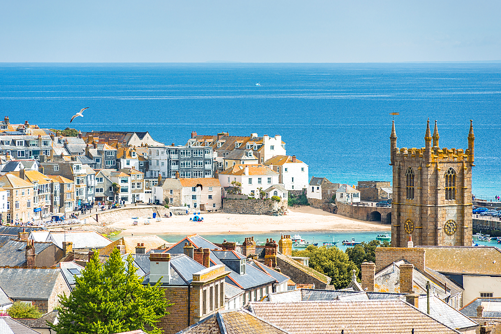 Elevated views over rooftops of St. Ives in Cornwall, England, United Kingdom, Europe