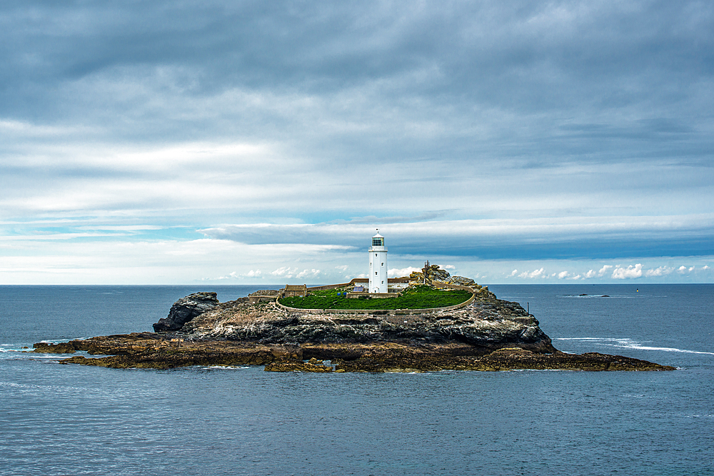 Godrevy Lighthouse on Godrevy Island in St. Ives Bay, Cornwall, England, United Kingdom, Europe