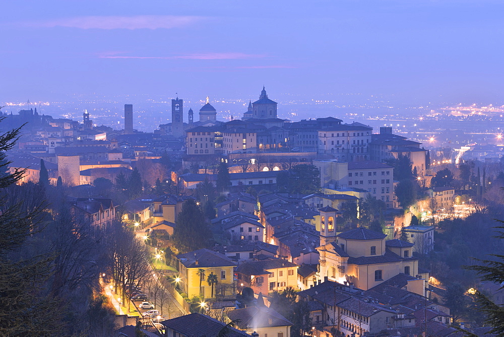 Twilight view of upper city of Bergamo, Lombardy, Italy, Europe