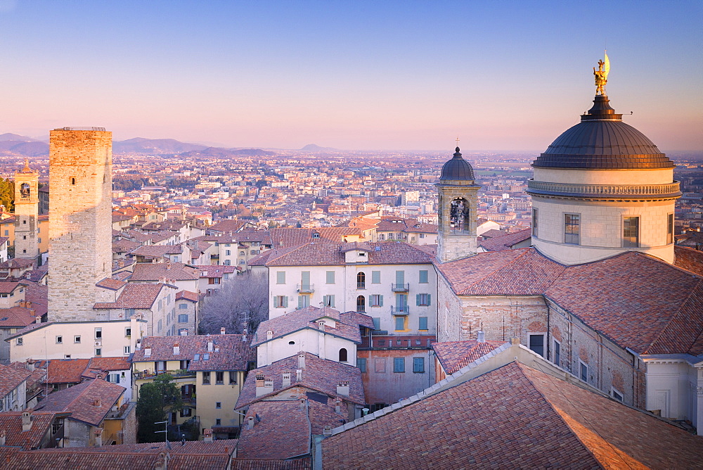 Cathedral of Bergamo with Torre del Gombito from above during sunset, Upper Town, Bergamo, Lombardy, Italy, Europe