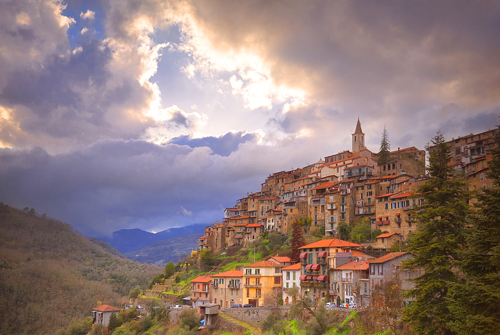 Sunset at the village of Apricale, Province of Imperia, Liguria, Italy, Europe