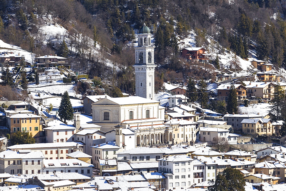 Church of the village of Clusone in winter, Clusone, Val Seriana, Bergamo province, Lombardy, Italy, Europe