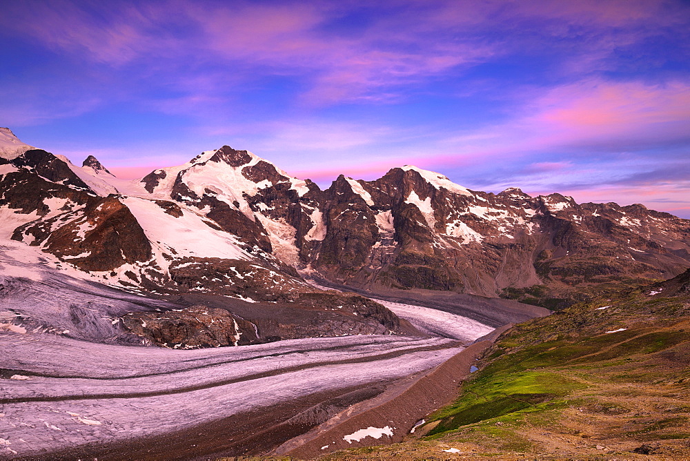 Sunrise at Vedret Pers with Piz Bernina in the background, Diavolezza Refuge, Bernina Pass, Engadine, Graubunden, Switzerland, Europe