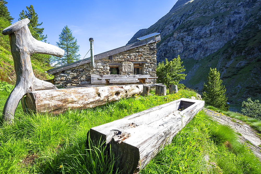 Traditional hut in the Forno Valley, Maloja Pass, Engadine, Graubunden, Switzerland, Europe