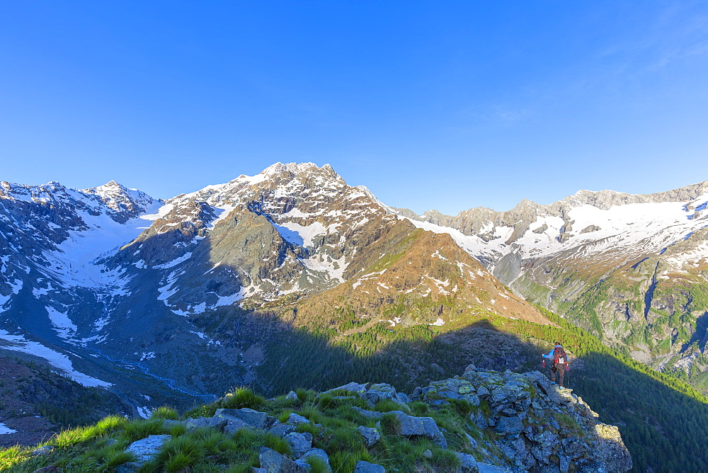 A hiker looks at Mount Disgrazia from above, Chiareggio valley, Valmalenco, Valtellina, Lombardy, Italy, Europe