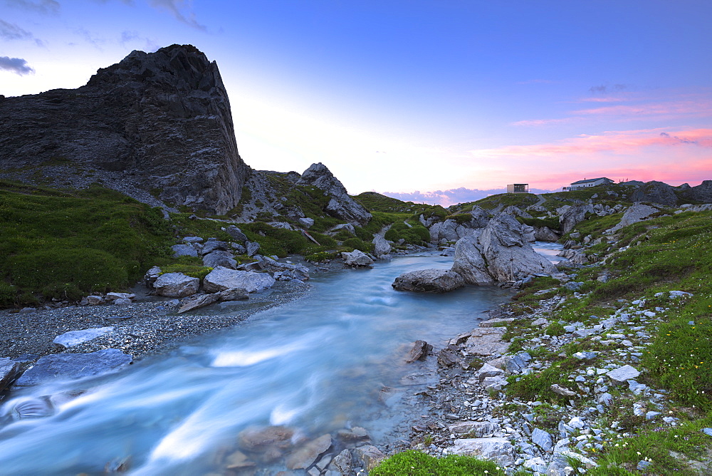 Sunrise at Segnes Hutte, Unterer Segnesboden, Flims, District of Imboden, Canton of Grisons (Graubunden), Switzerland, Europe