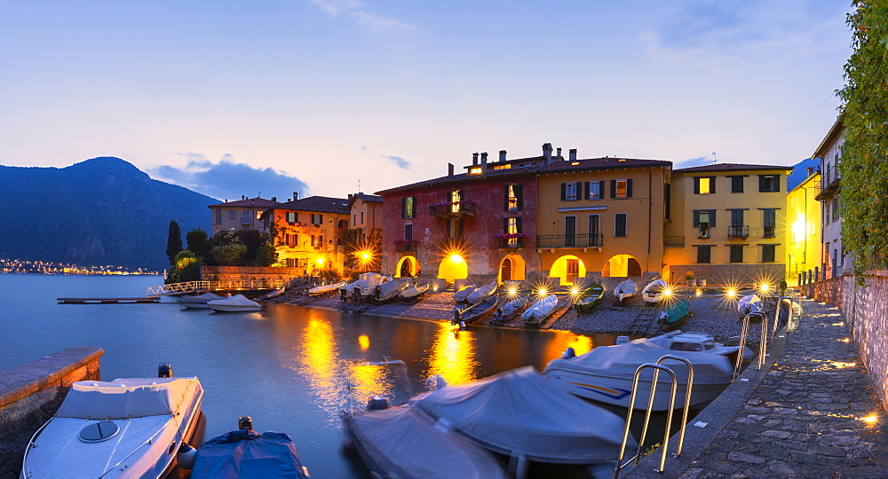 Fishermens houses at dusk, Mandello del Lario, Province of Lecco, Lake Como, Italian Lakes, Lombardy, Italy, Europe