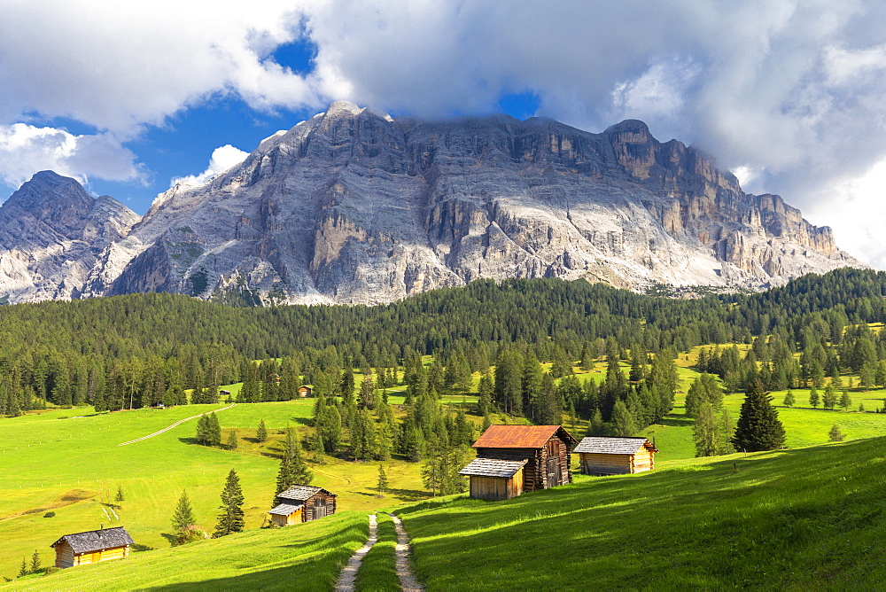 Huts of Prati Armentara, La Val (Wengen), Badia Valley, South Tyrol, Dolomites, Italy, Europe