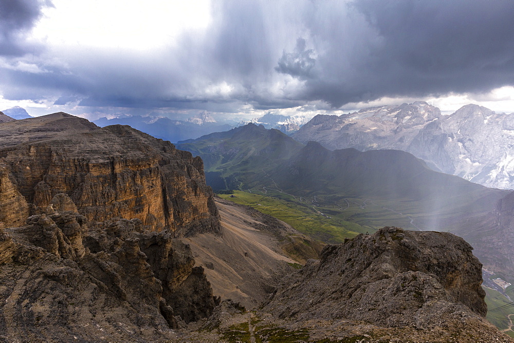 Marmolada from the top of Piz Pordoi during storm, Pordoi Pass, Fassa Valley, Trentino, Dolomites, Italy, Europe