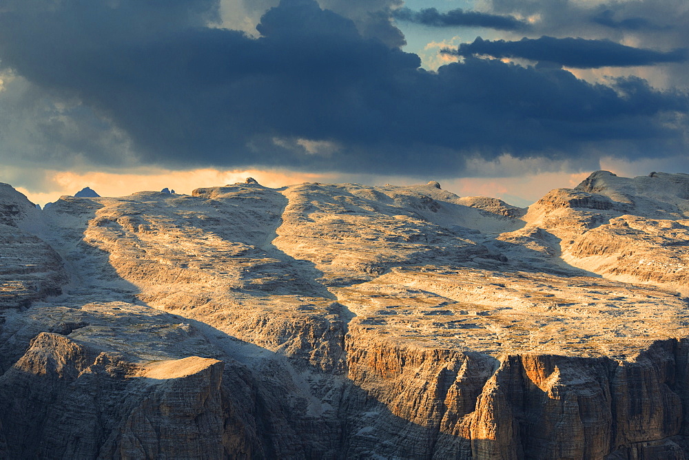 Sunset on Sella Plateau, Piz Pordoi, Pordoi Pass, Fassa Valley, Trentino, Dolomites, Italy, Europe