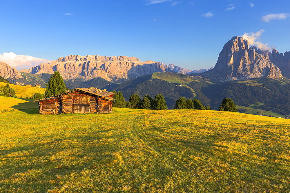 Last rays of sun on traditional hut with view on Sassolungo and Sella Group, Gardena Valley, South Tyrol, Dolomites, Italy, Europe