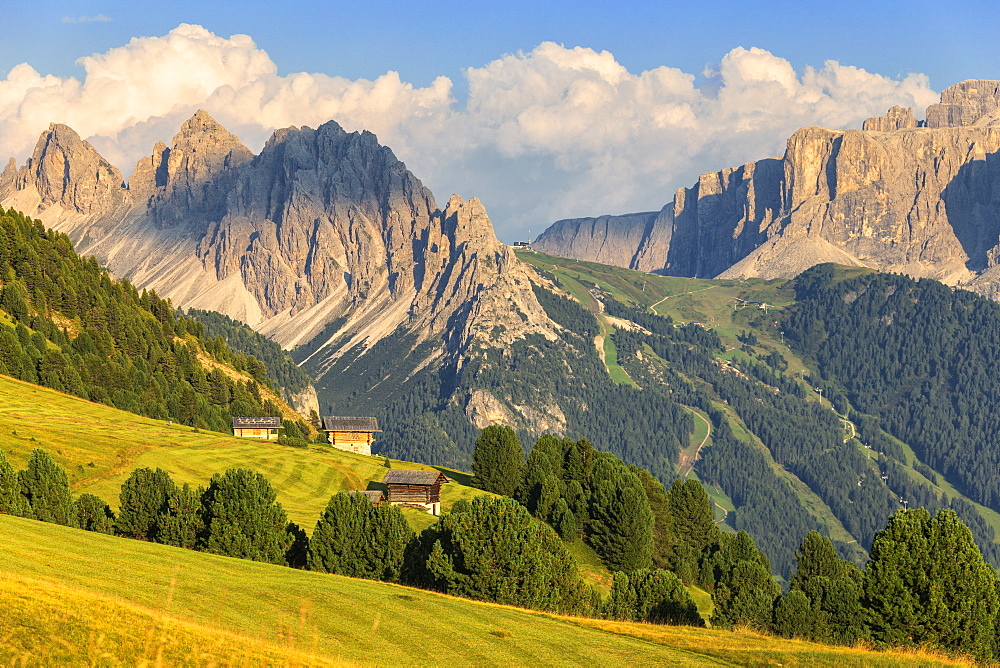 Traditional huts with Cir Group and Sella group in the background, Ortisei, Gardena Valley, South Tyrol, Dolomites, Italy, Europe