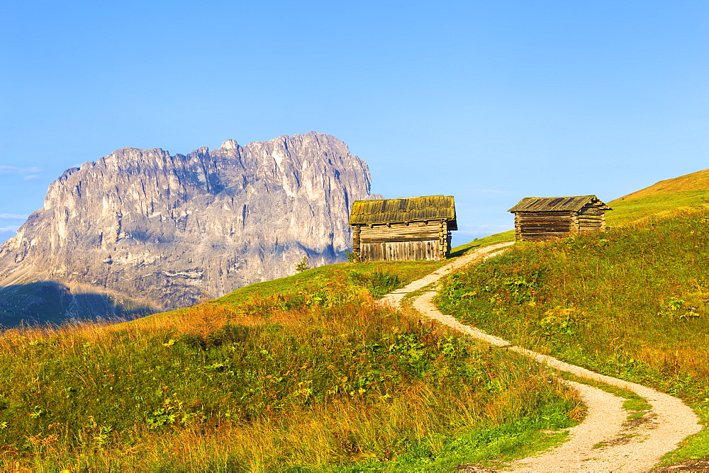 Traditional hut with Sassolungo in the background, Gardena Pass, Gardena Valley, South Tyrol, Dolomites, Italy, Europe